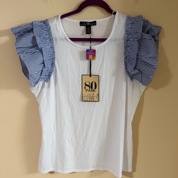 80 Park Tops - White and Blue Striped Ruffle Sleeve Top